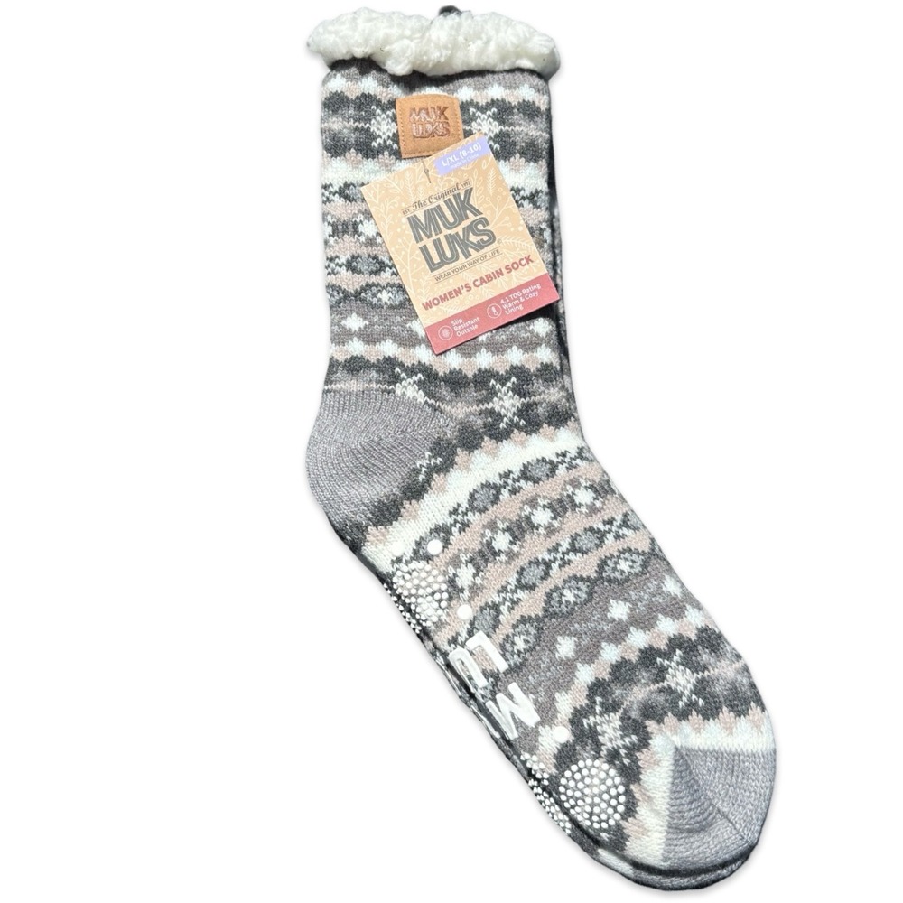 Muk Luks Womens Cabin Socks L XL Gray Fair Isle Sherpa Lined Non Slip NWT